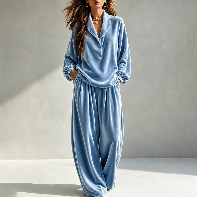 Women's Two-Piece Long Sleeve Collared Top and Wide-Leg Pants Set
