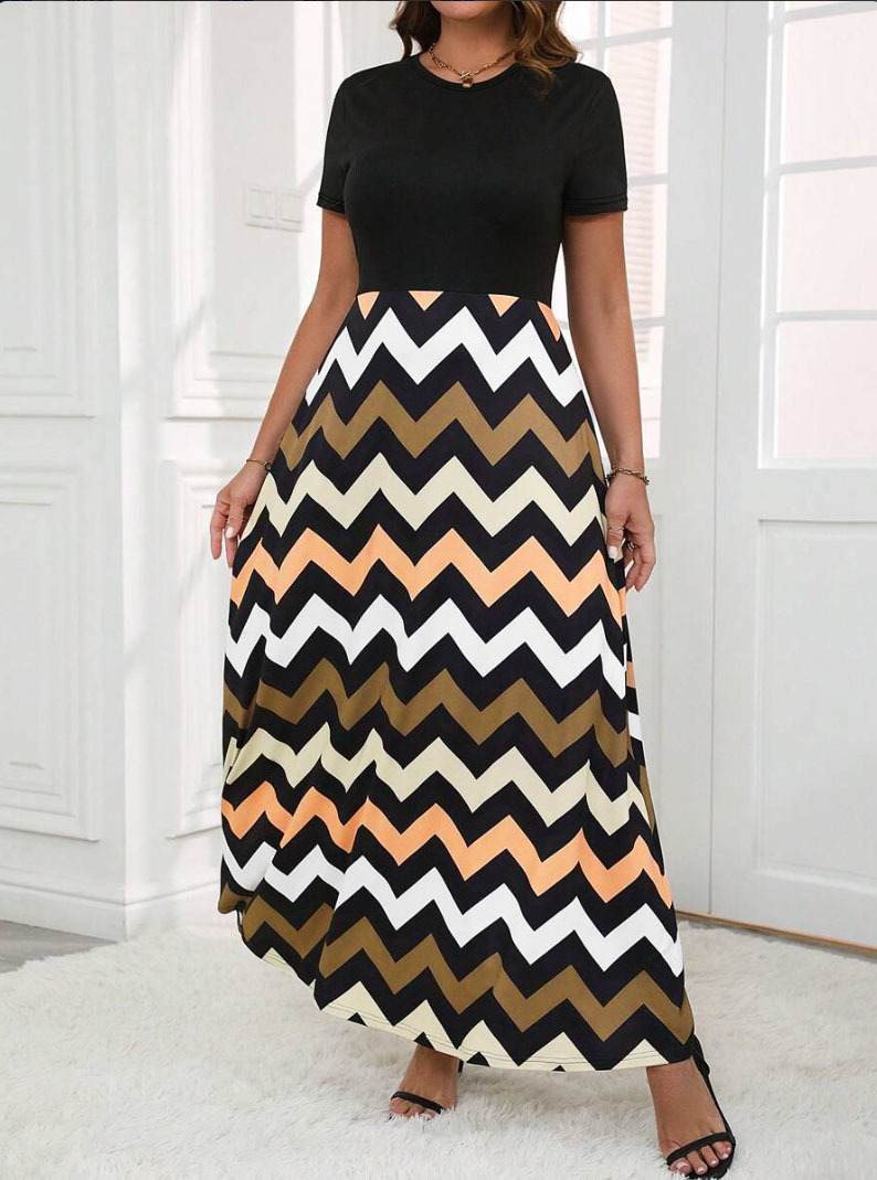 Wave Print Patchwork Long Dress