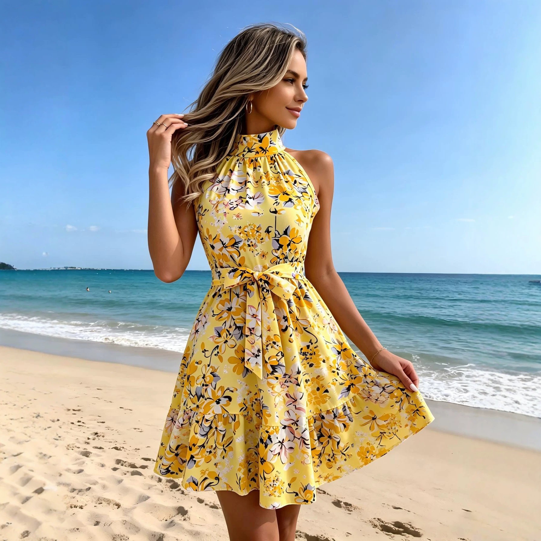 Women's Off-Shoulder Floral Halter Sleeveless Waist-Cinching Midi Dress