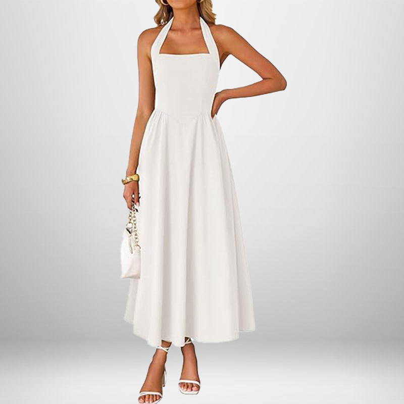 Women's Sleeveless Halter Backless A-Line Midi Dress