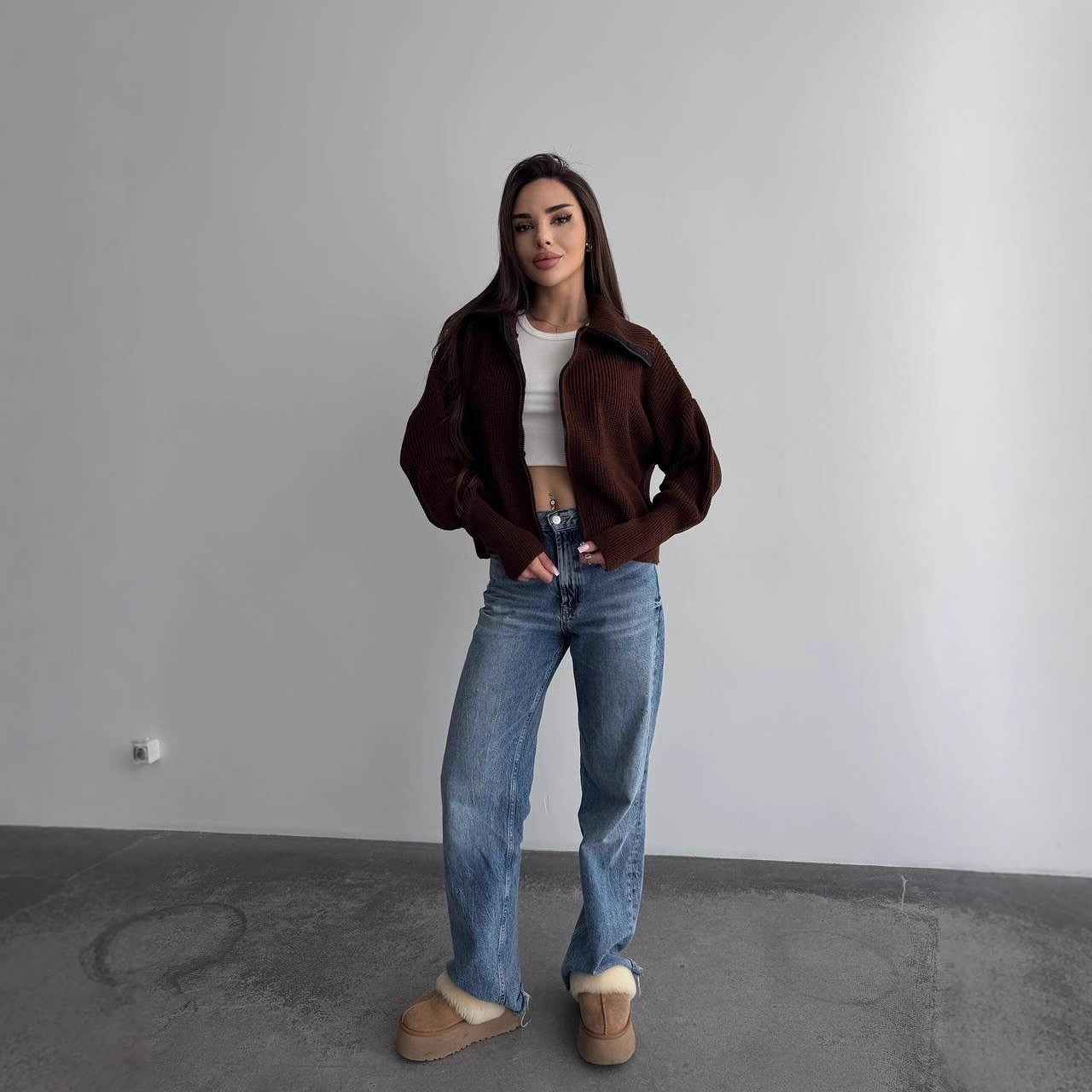 Solid Knit Long Sleeve Zip Collared Cardigan Casual Women's Warm Outerwear