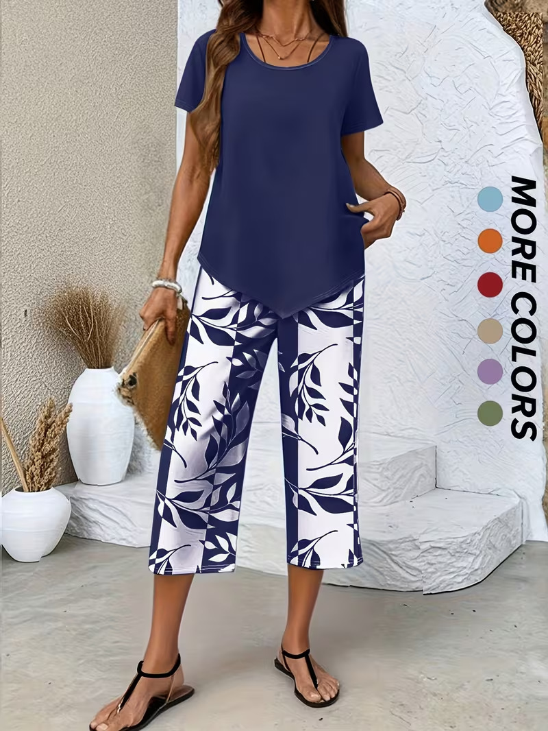 Women's Short Sleeve High Waist Wide Leg Pants Two-Piece Set
