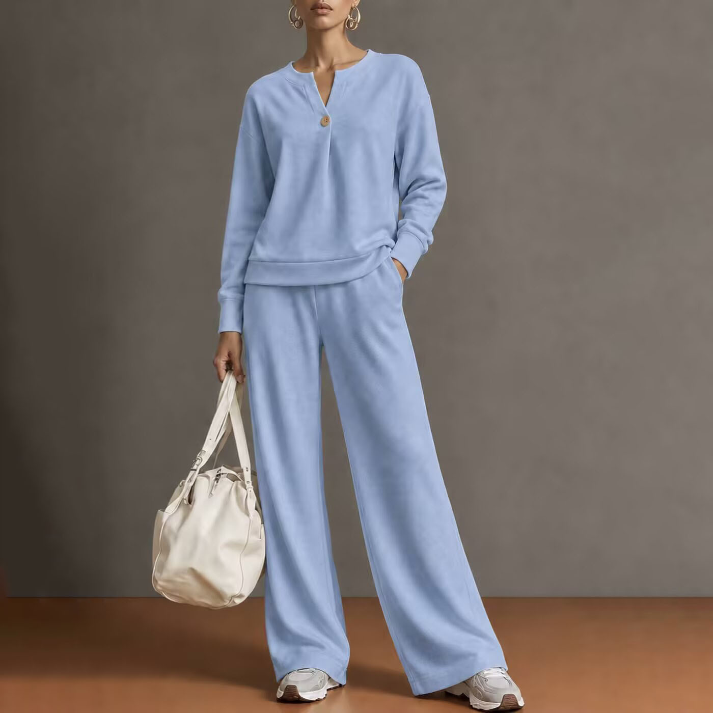 Women's Casual Solid Color Stand Collar Cardigan Sweatshirt and Wide-Leg Pants Set