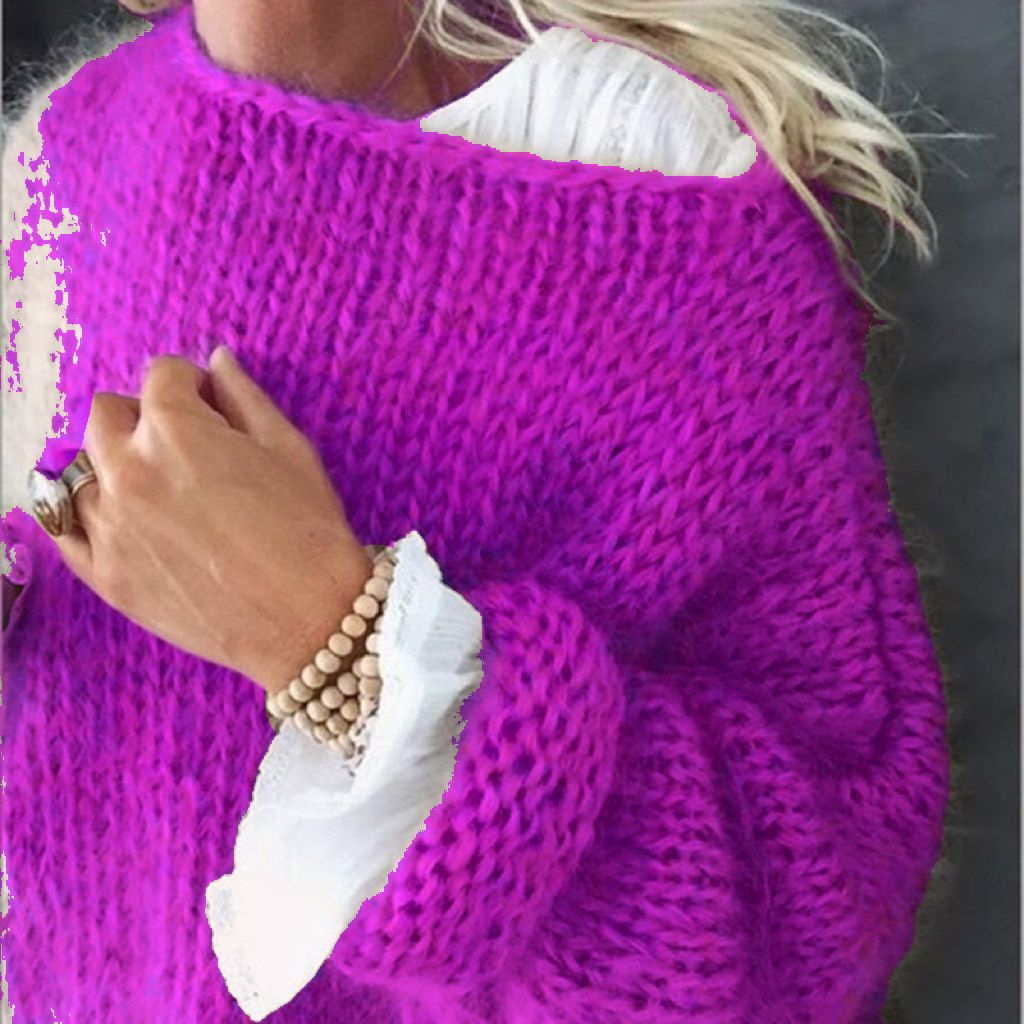 Faux Mohair Pullover Sweater Women's Crewneck Long Sleeve Solid Color Knit Top