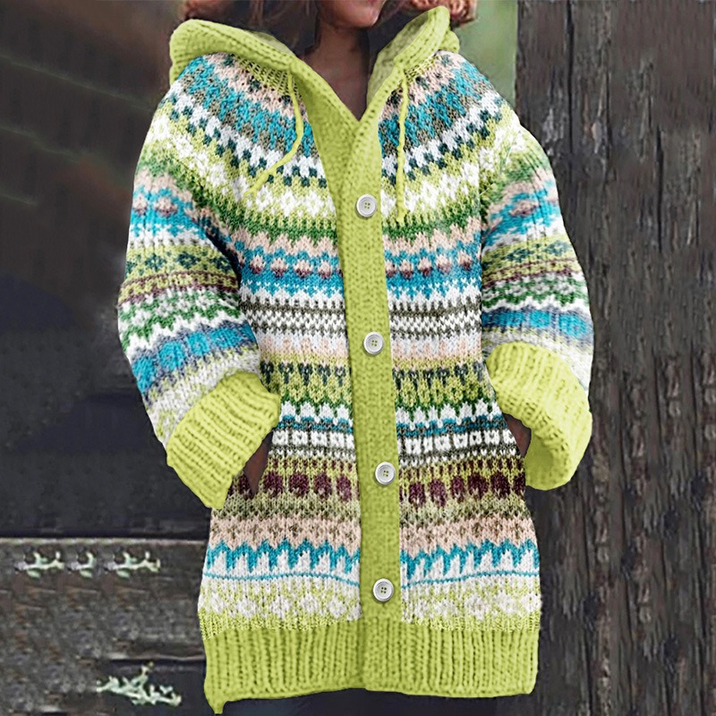 Women's Floral Leaf Print Hooded Button Cardigan Sweater