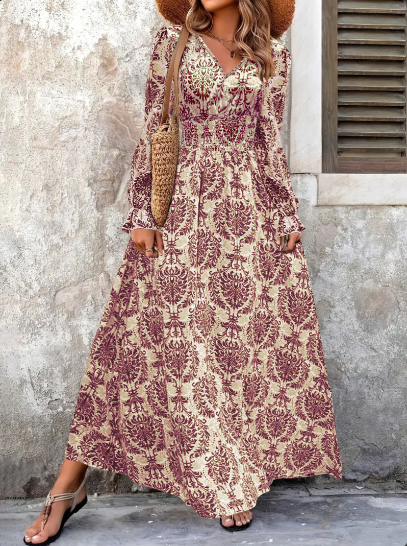 TUME Vintage Floral Print V-Neck Long Sleeve Maxi Dress