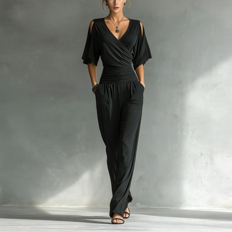 Women's Cold-Shoulder V-Neck Slim Jumpsuit