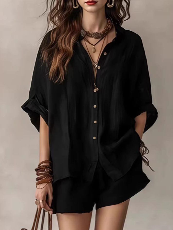 Women's Solid Color Loose Button-Front Shirt and Shorts Casual Set