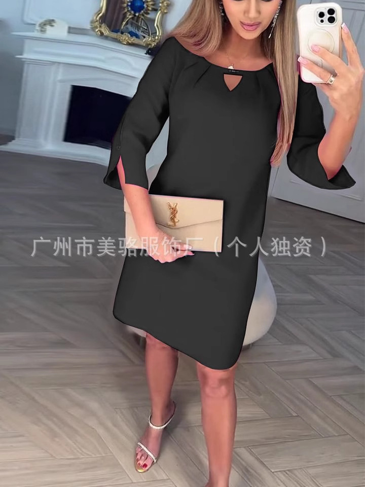 Women's Solid Color Midi Dress Round Neck 3/4 Sleeve