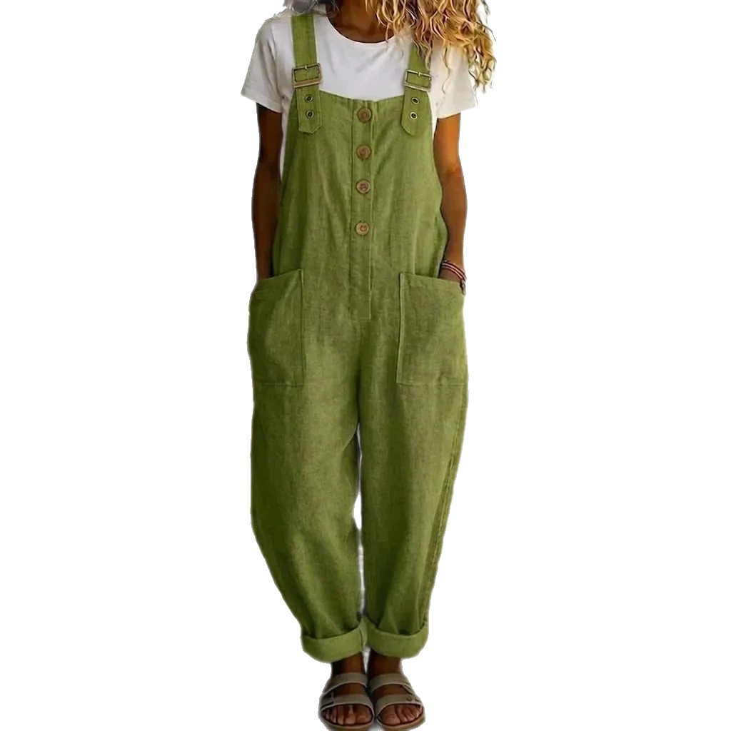 Women's Cotton-Linen Solid Color Vintage Straight-Leg Overalls with Pockets