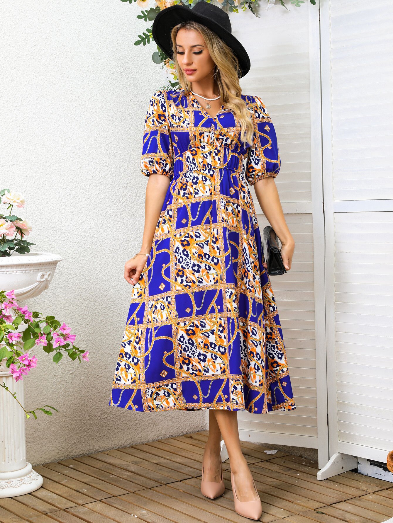 Women's Floral Print V-Neck A-Line Midi Dress with Puff Sleeves