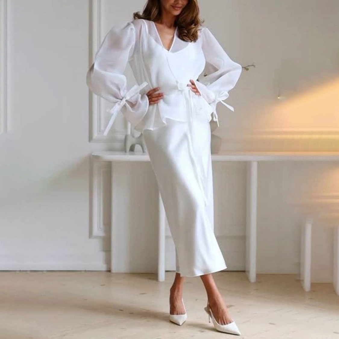 Solid Color Shirt and Bodycon Skirt Two-Piece Set