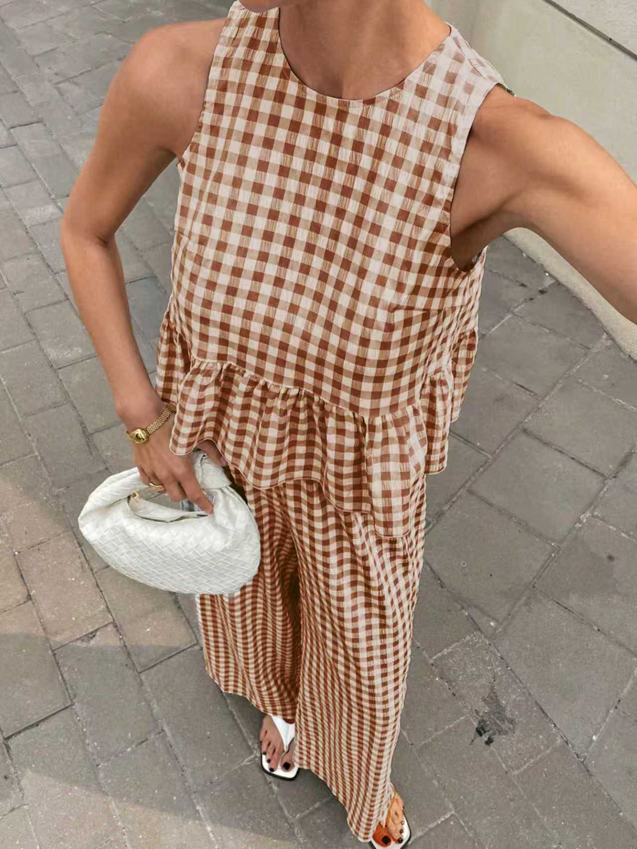 Plaid Two-Piece Set with Ruffle Hem and Sleeveless Round Neck Top