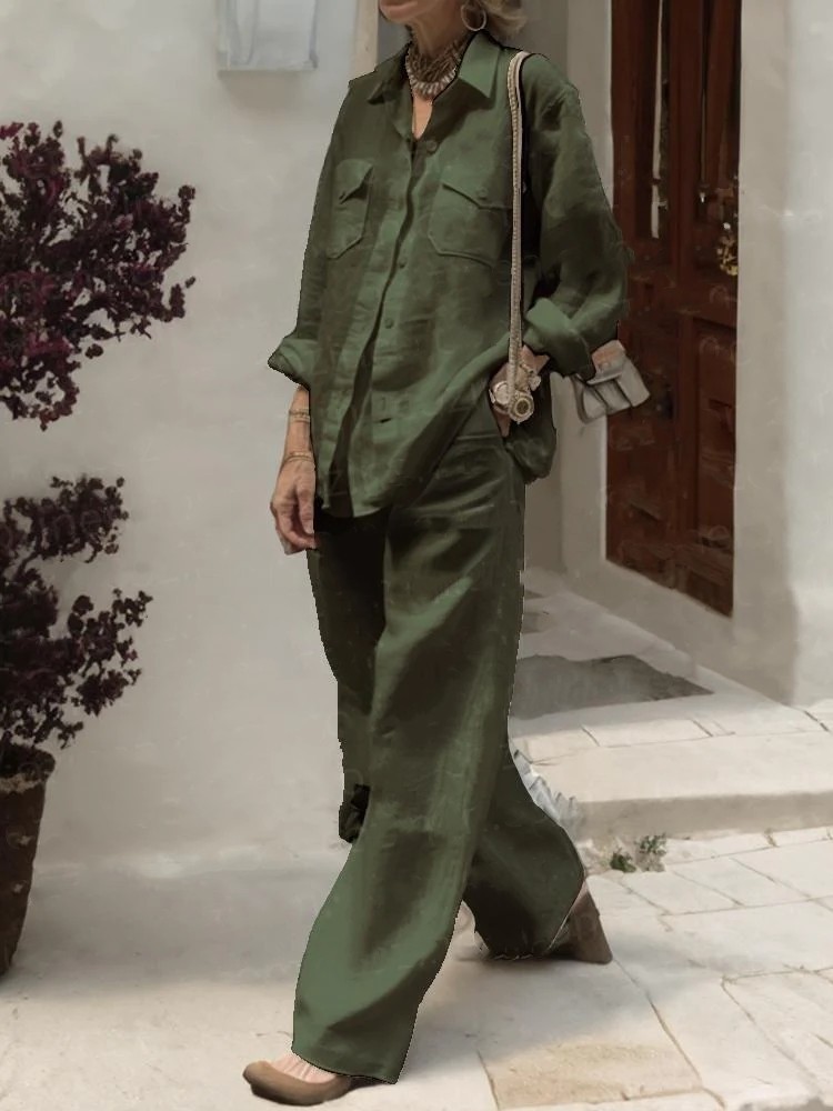 Women's Cotton Two-Piece Shirt and Pants Set Long Sleeve Loose Fit