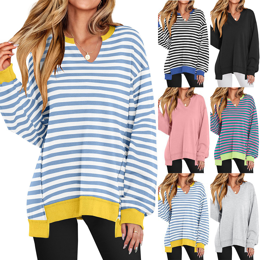 Colorful Striped V-Neck Loose Sweatshirt for Women
