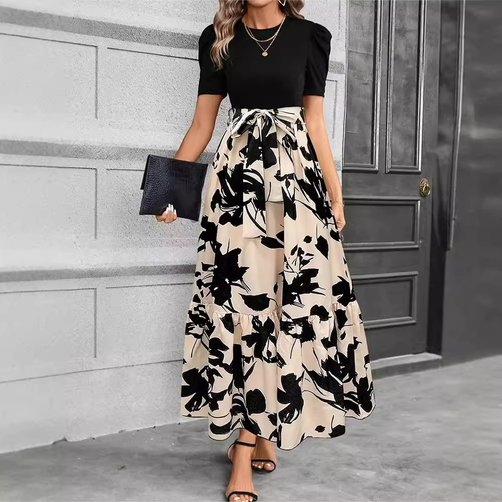 Floral Print High Waist Chiffon Midi Dress