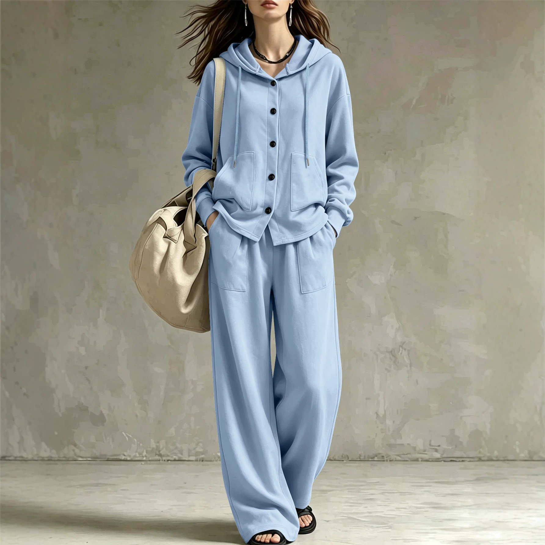 Women's Loose Hooded Cardigan and Wide-Leg Pants Two-Piece Set