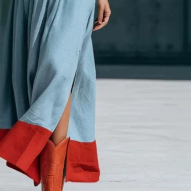 Retro Blue Color-Block Hem V-Neck Long Sleeve Maxi Dress