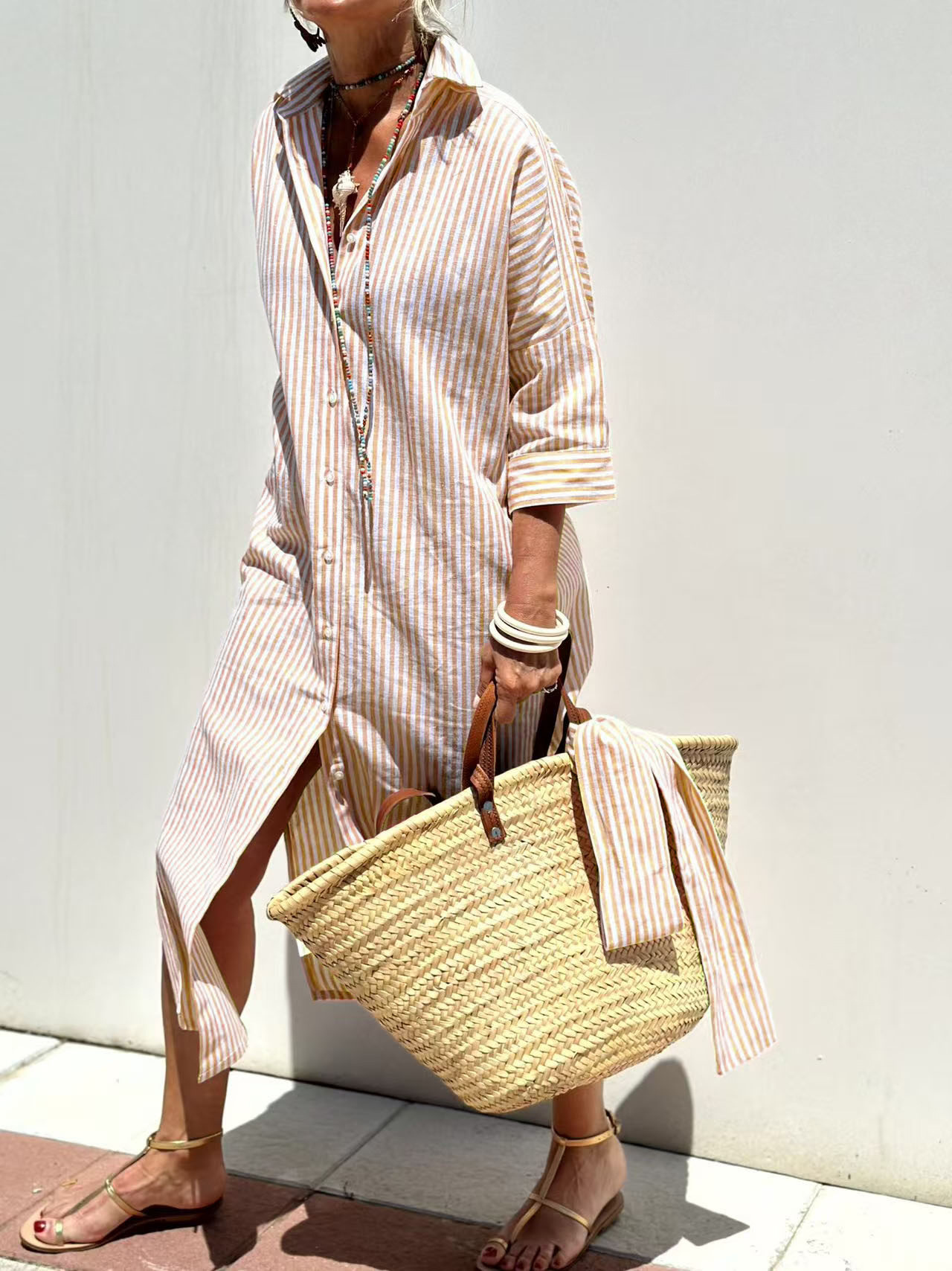 Women's Striped Button-Front Shirt Dress with Collar and Short Sleeves