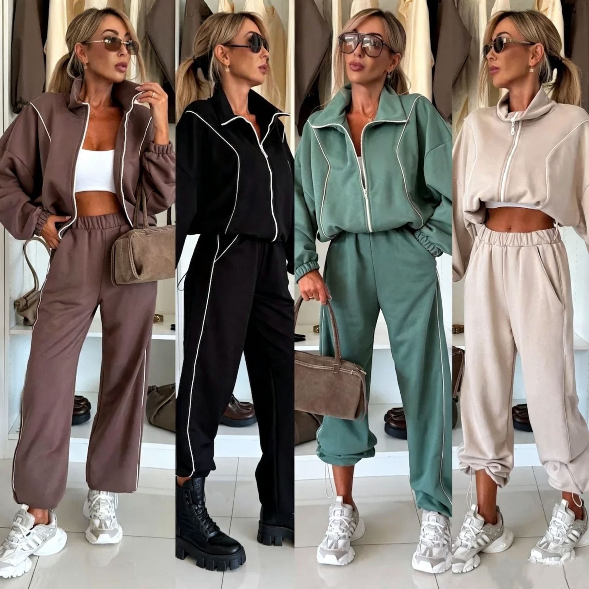 Striped Color-Block Long-Sleeve Stand-Collar Jacket & Pants Two-Piece Set