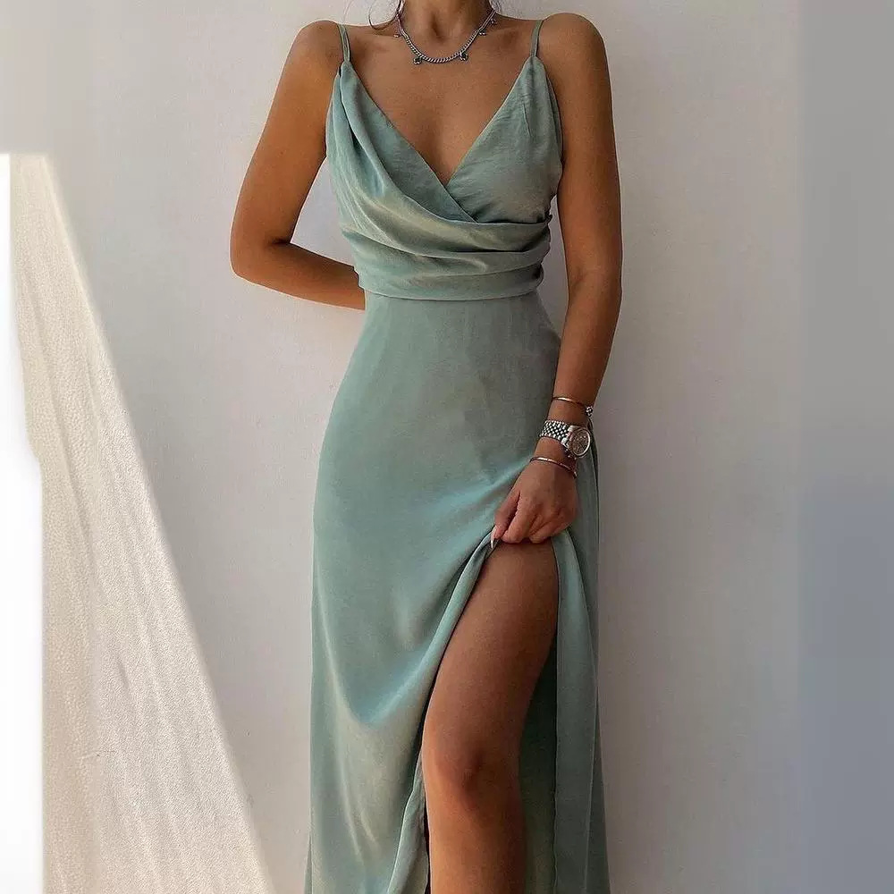 Sexy V-Neck Cami Dress with Slit Slim Fit