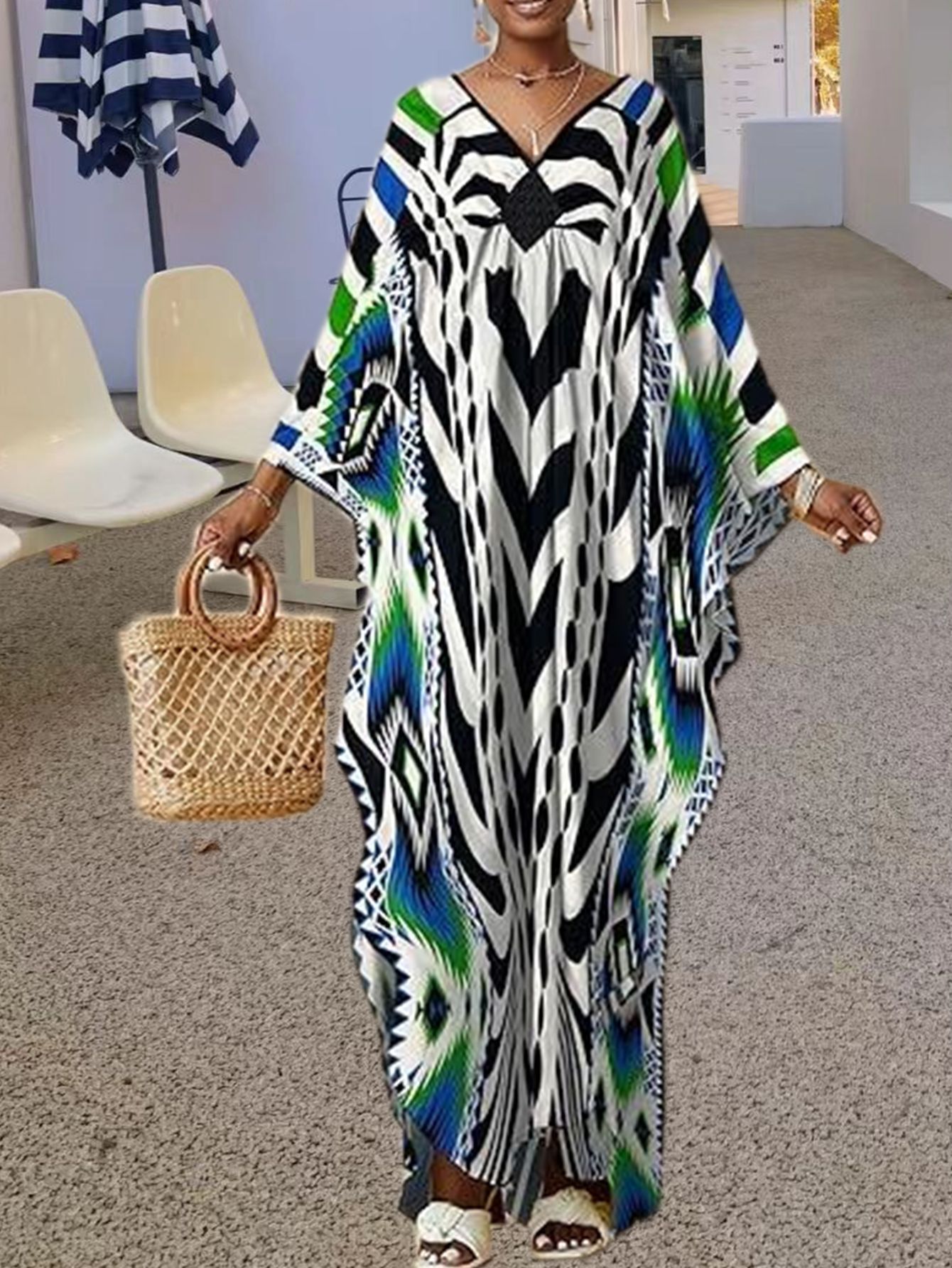 Women's Loose V-Neck Printed Long Sleeve Maxi Robe