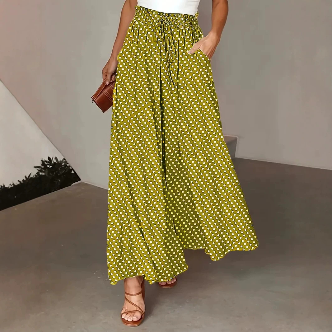Boho Wide-Leg Polka Dot Print Elastic Waist Long Pants Skirt