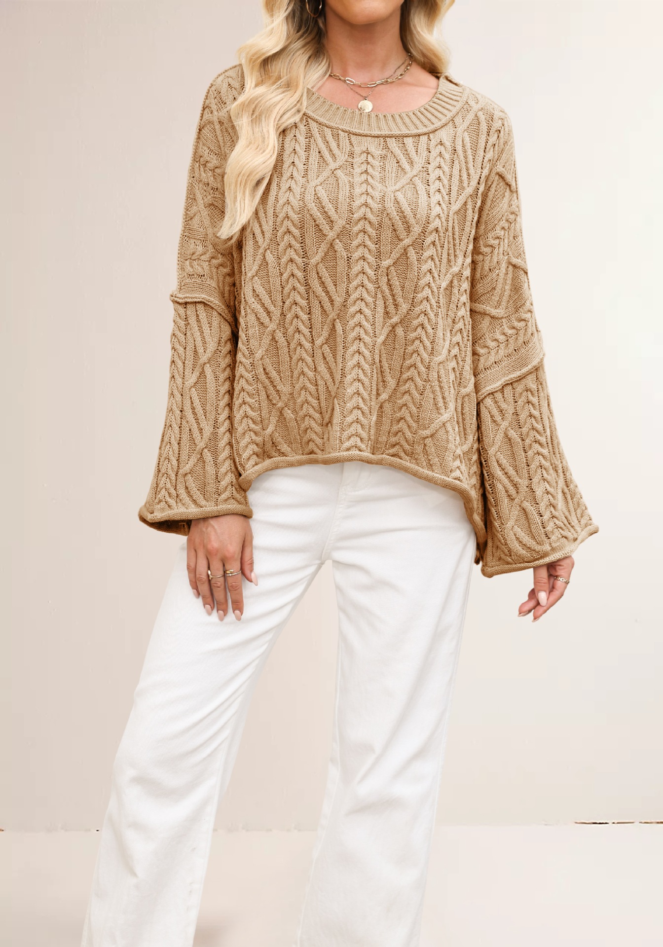 Cable Knit Cropped Sweater Plus Size Loose Crew Neck Pullover