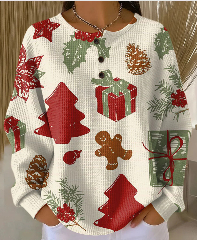 Women's Retro 3D Print Three-Button Stand Collar Polo Sweatshirt