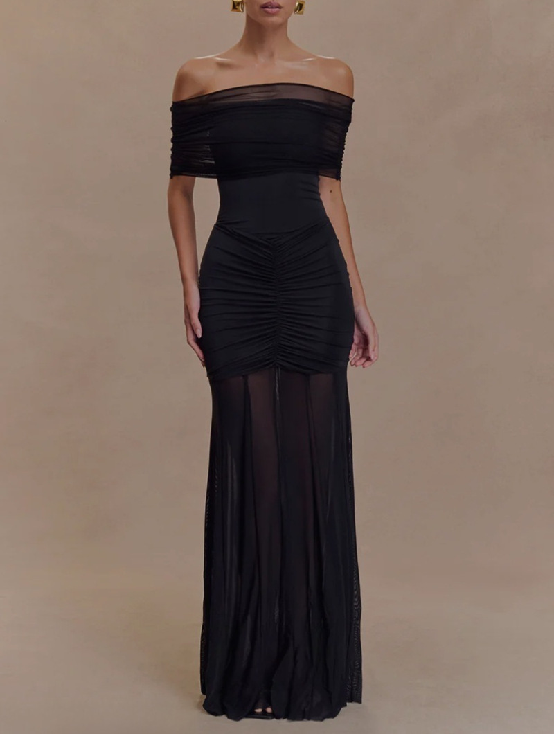 Women's Off-Shoulder Ruched Mesh Sheer Dress