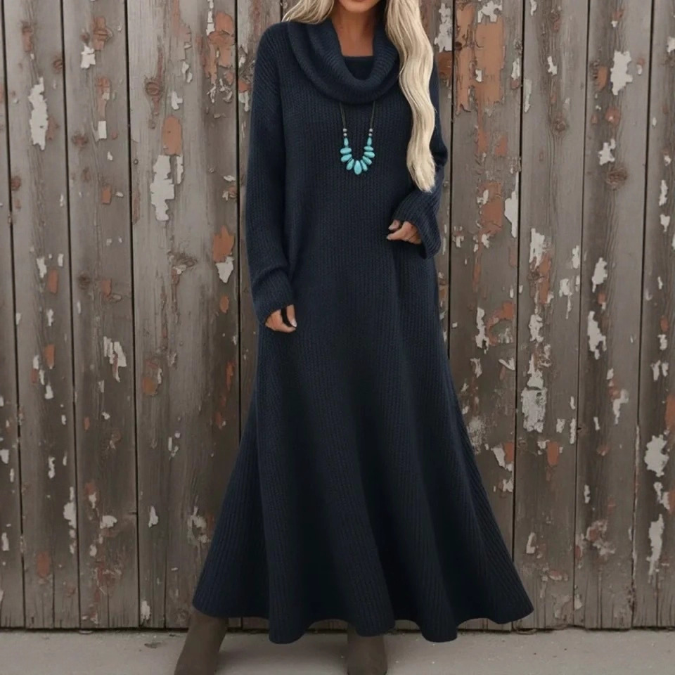 Long Loose Turtleneck Knit Sweater Dress