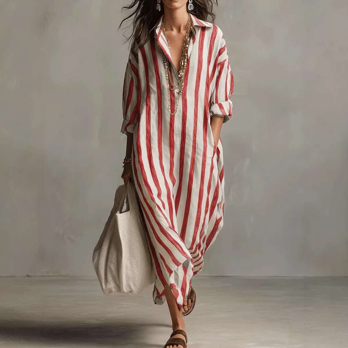 Women's Loose Long Striped Shirt Dress with Nine-Tenth Sleeves