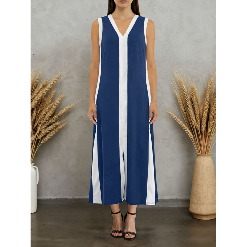 Blue & White Colorblock Sleeveless V-Neck Midi Dress Loose Casual Split