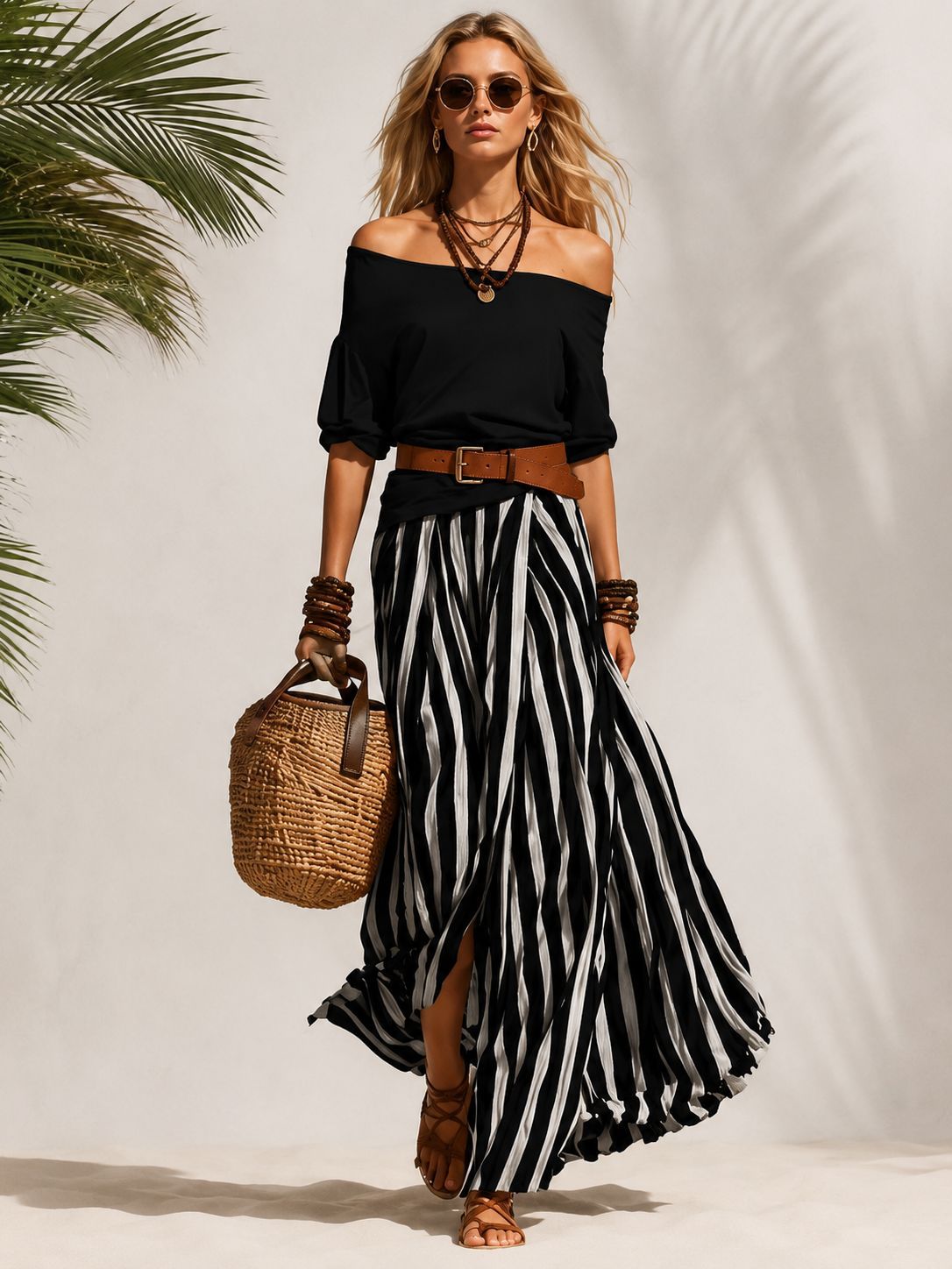 Off-Shoulder Top and Slit Skirt Two-Piece Set