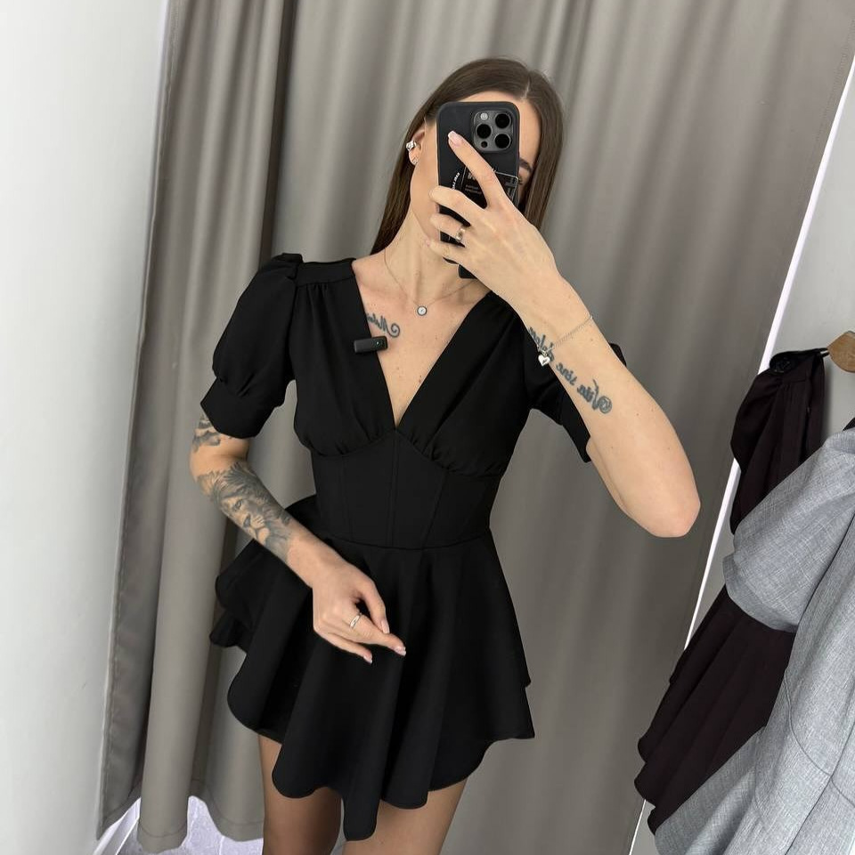 Puff Sleeve V-Neck Waist-Cinched Short Dress with Built-In Shorts