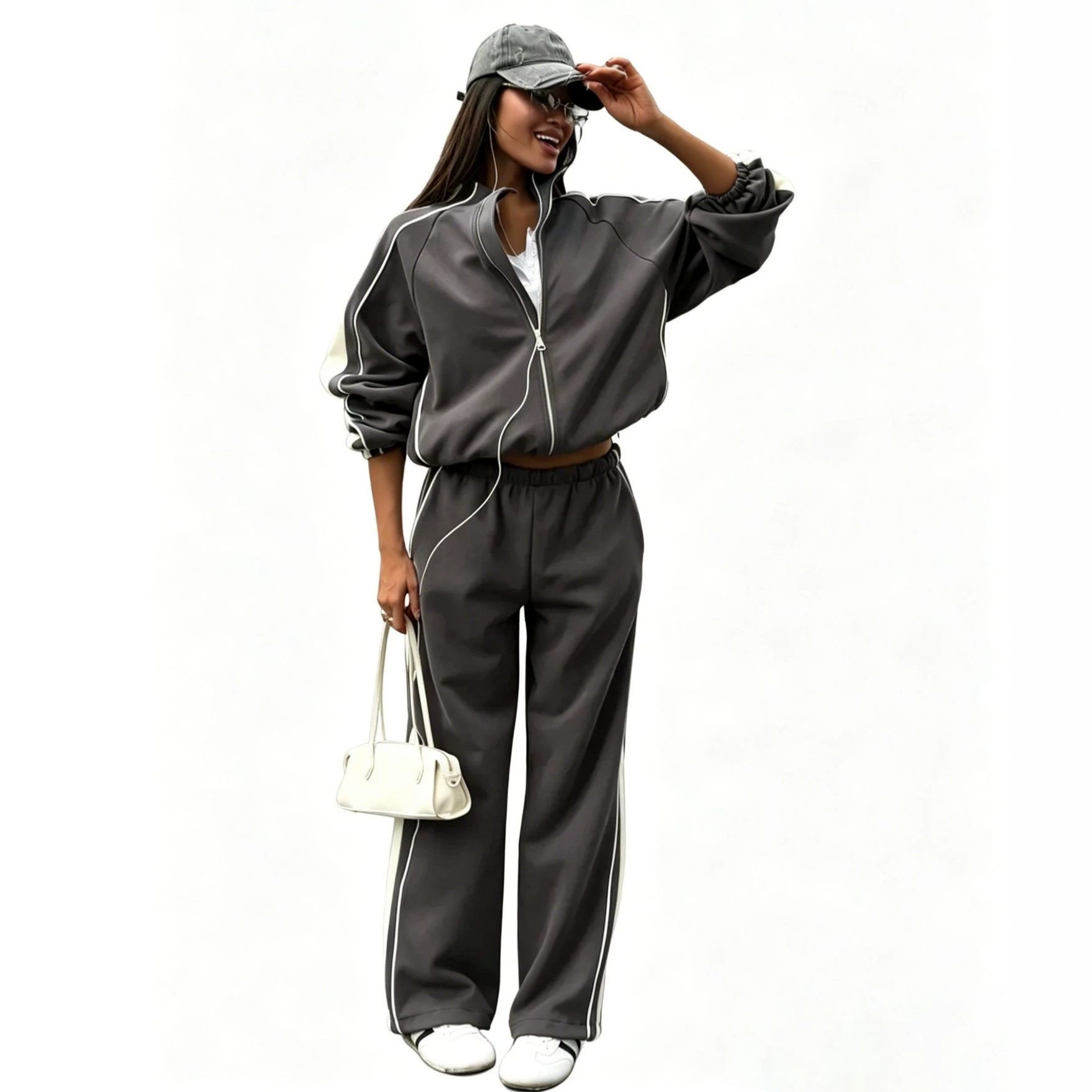 Women's Colorblock Tracksuit with Stand Collar Zip Jacket and Wide-Leg Sweatpants