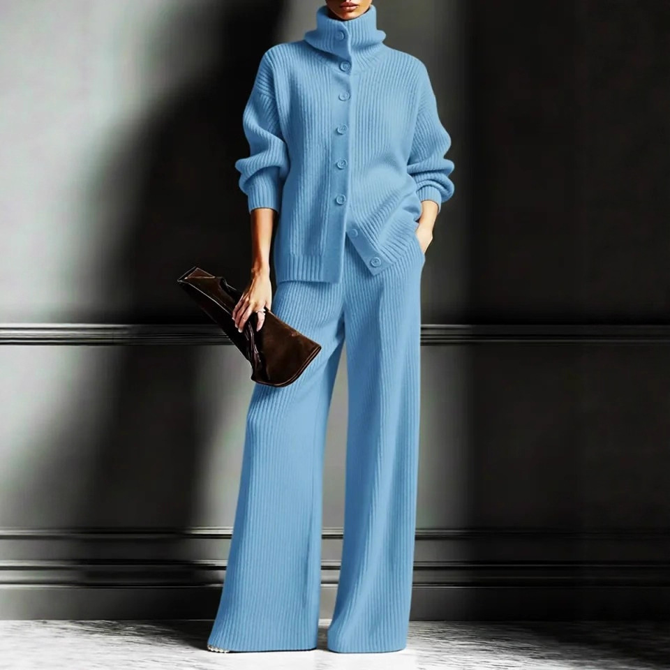 Women's Thickened High Neck Wide Leg Pants Set Casual Two-Piece