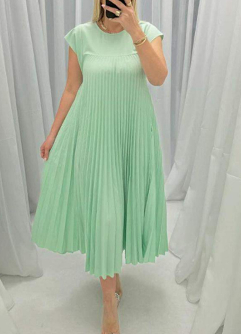 Women's Sleeveless Pleated Dress Round Neck High Waist Long