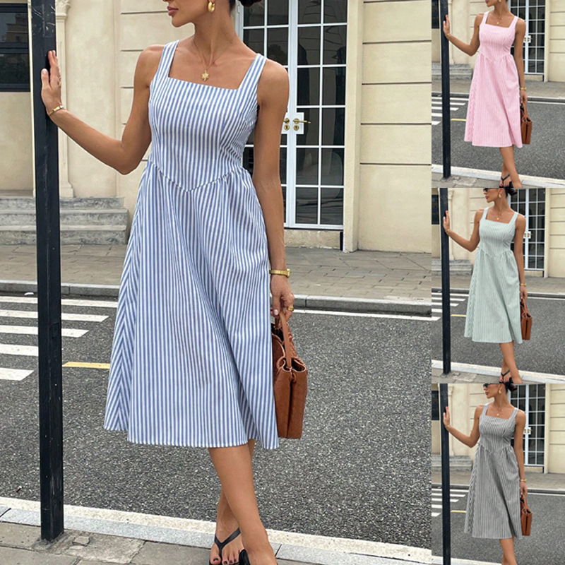 Women's Sleeveless Square Neck Striped A-Line Maxi Dress