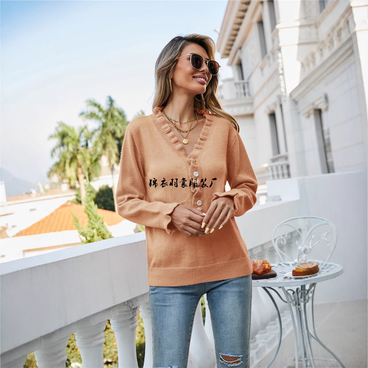 Women's V-Neck Button Knit Sweater with Ruffle Trim