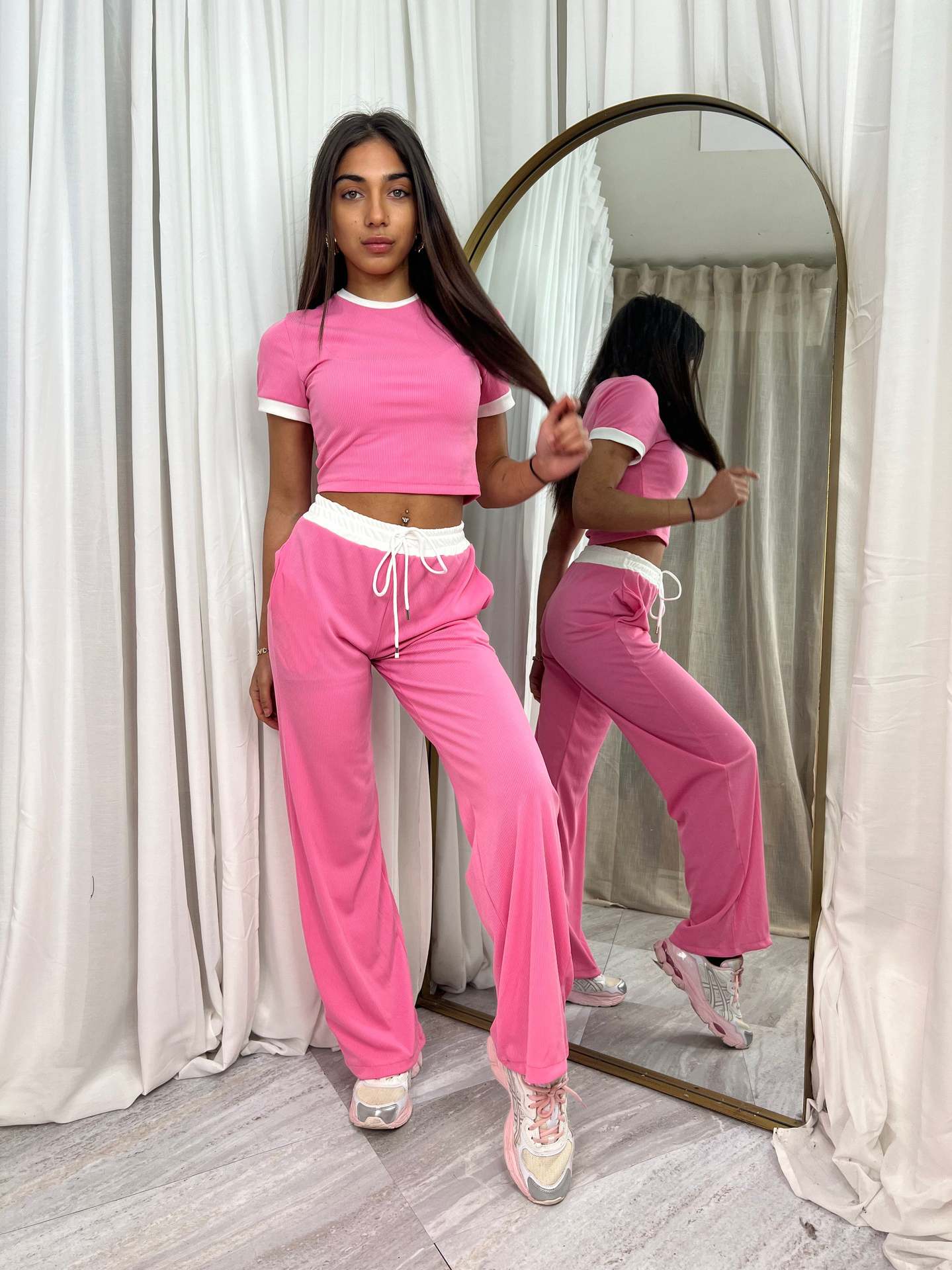 Women's Colorblock Short Sleeve Top and Drawstring Wide Leg Pants Set
