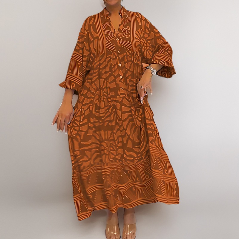 Floral Print Long Dress – Loose A-Line V-Neck Vacation Dress