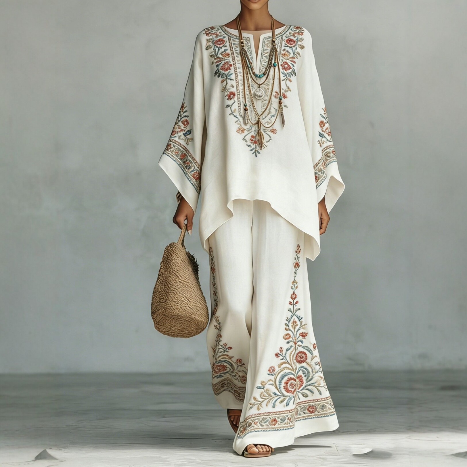 Printed Round Neck Top and Wide-Leg Pants Casual Two-Piece Set