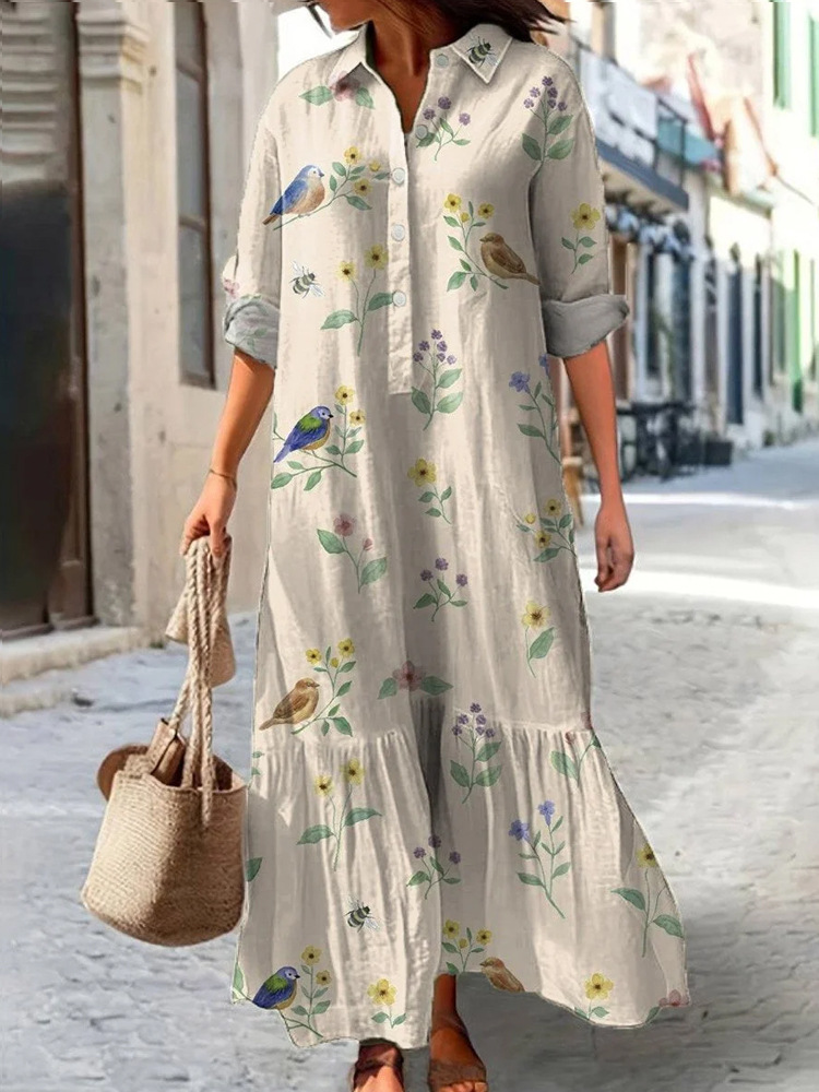 Women's Casual Long Sleeve Collared Digital Print Shirt Dress