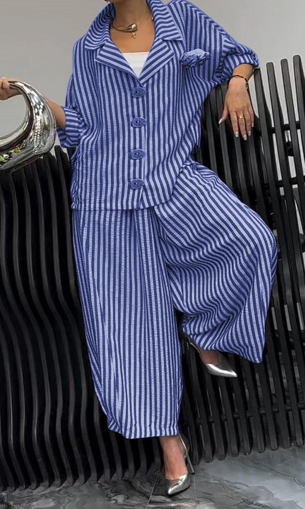 Floral Striped Loose Blazer & Pants Set