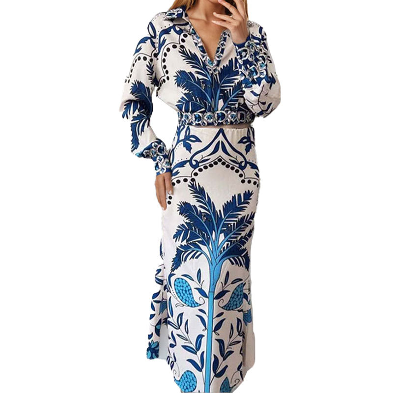 Women's Casual V-Neck Printed Long Dress Two-Piece Set