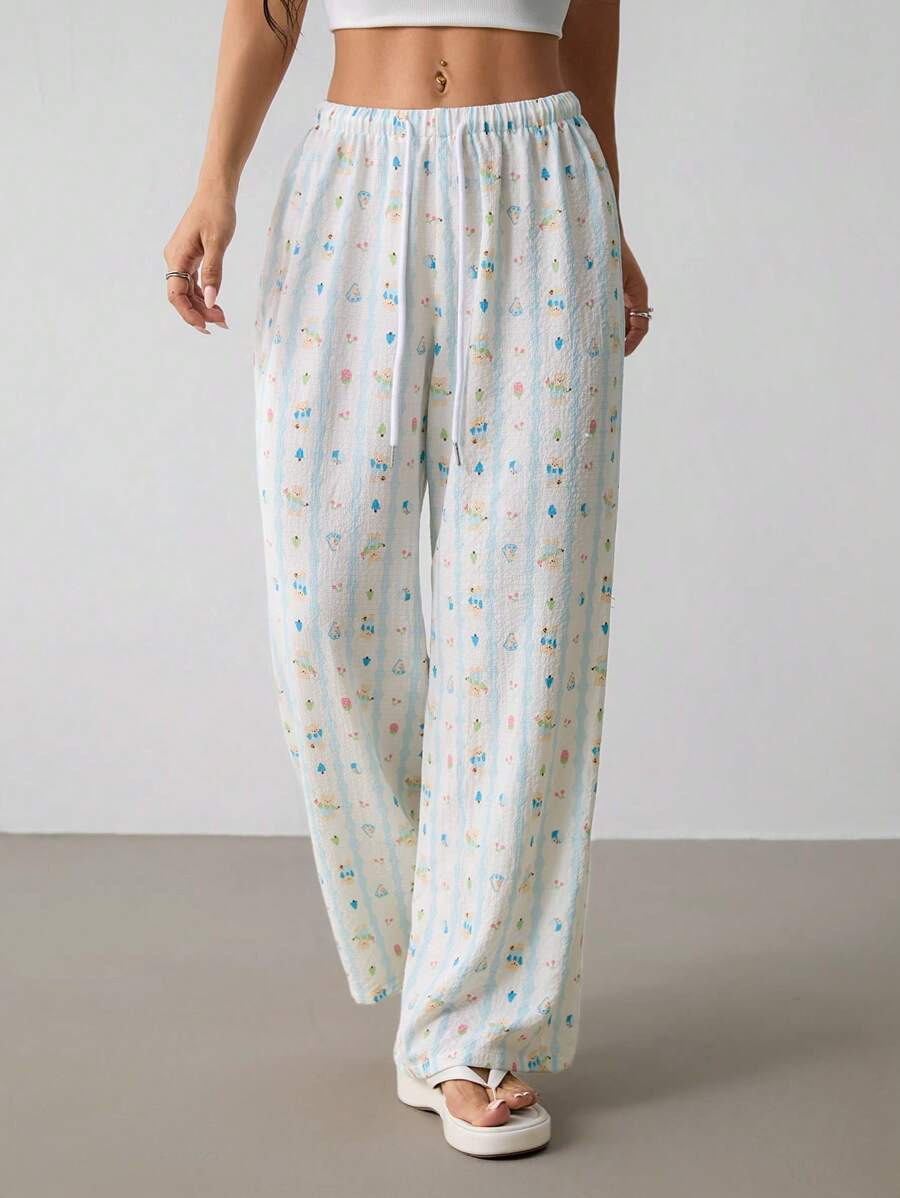 Cute Bear Print Wide-Leg Lounge Pants with Tie Waist
