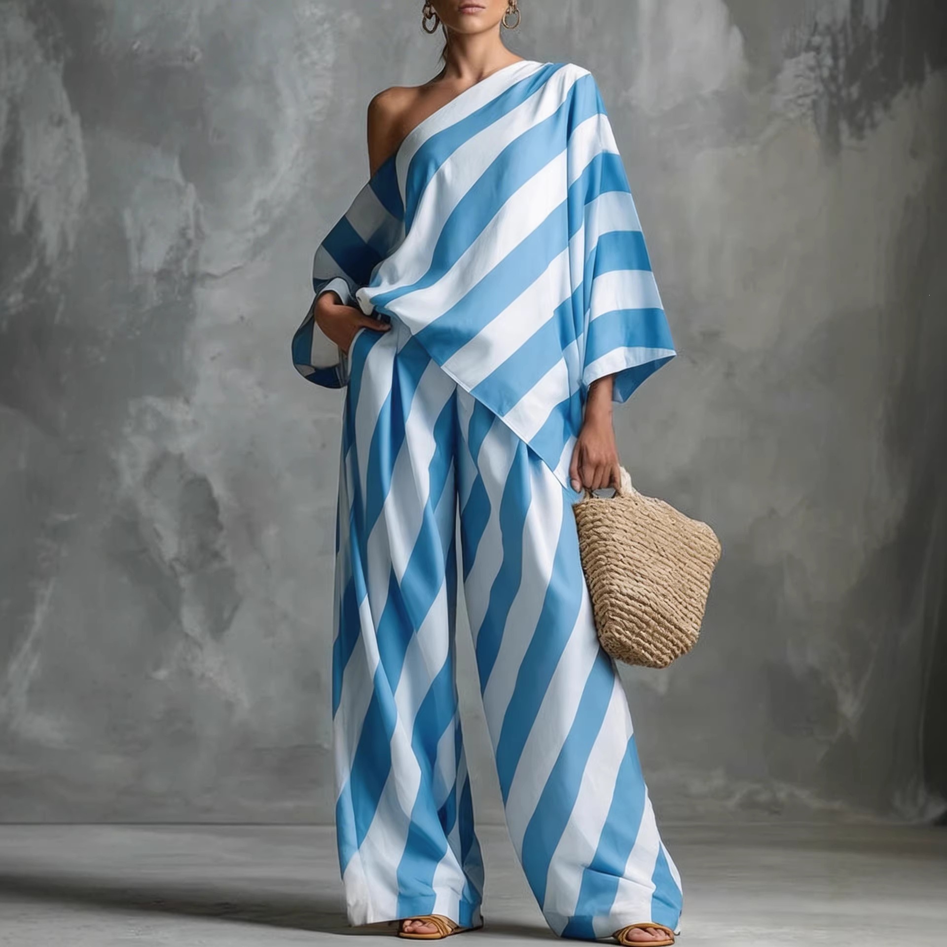 Retro Striped Print Top and Wide-Leg Pants Two-Piece Set