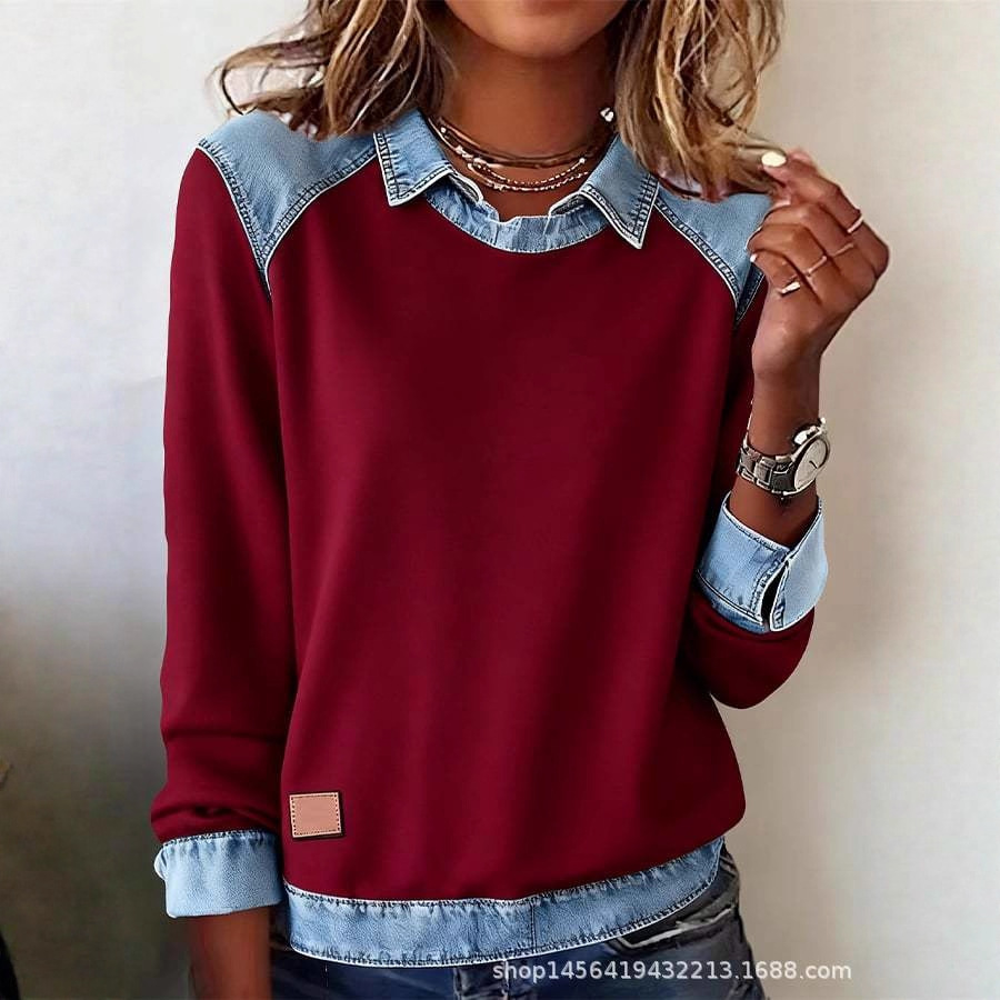 Denim Collar Long Sleeve Patchwork Knit Top
