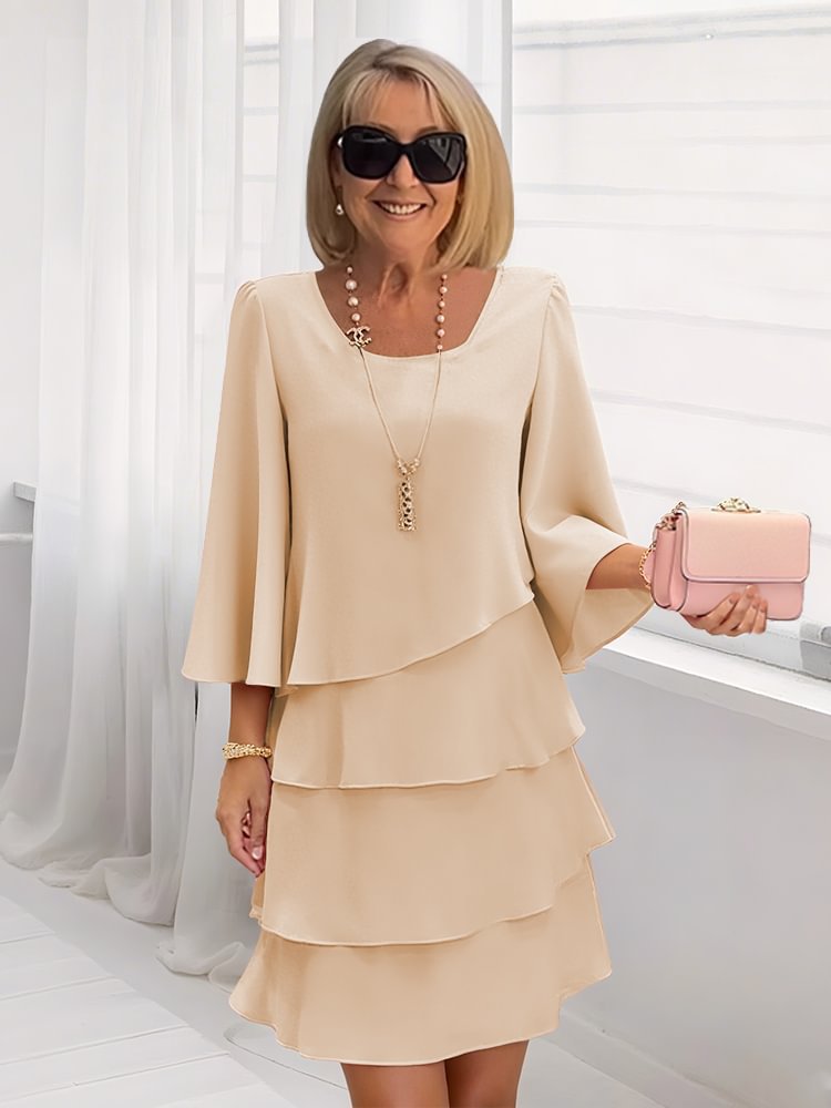 Women's Tiered Cake Dress Round Neck Loose Fit Midi Dress